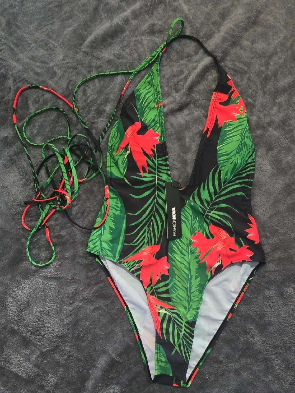 Fashion Nova Women's Green & Red Tropical One-Piece Swimsuit